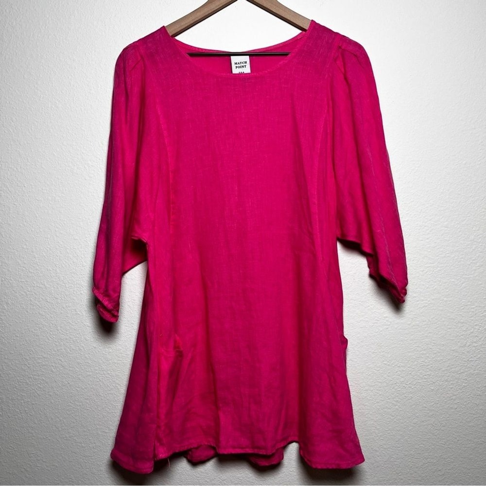 Match Point 100% Linen Tunic‎ Top Hot Pink 3/4 Sleeve Pockets Womens Medium